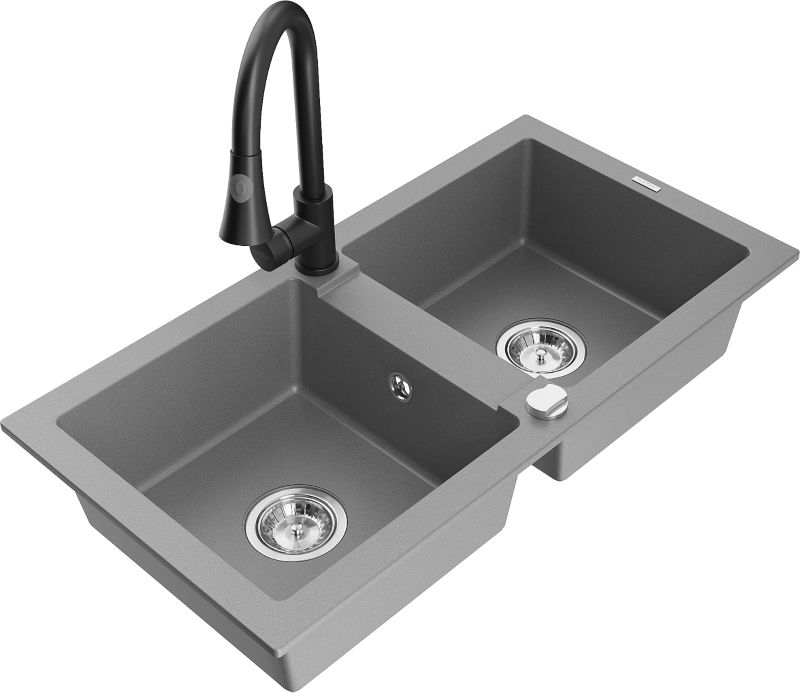 Zlewozmywak granitowy Mexen Mario 2-komorowy z baterią kuchenną Elia szary 6504-71-670101-70