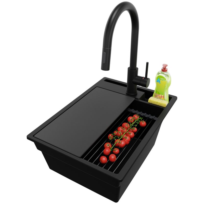 Zlewozmywak Granitowy Oslo Pocket PRIMAGRAN Nablatowy 38x53cm, Cały Czarny + Bateria + Syfon + Akcesorium, S059, 1 szt.