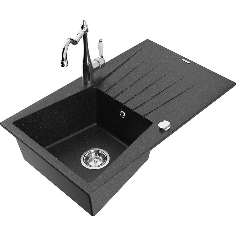 Zlewozmywak granitowy 1-komorowy Mexen Cesar z ociekaczem i baterią kuchenną Carla czarny/srebrny metalik 6514-73-670700-00