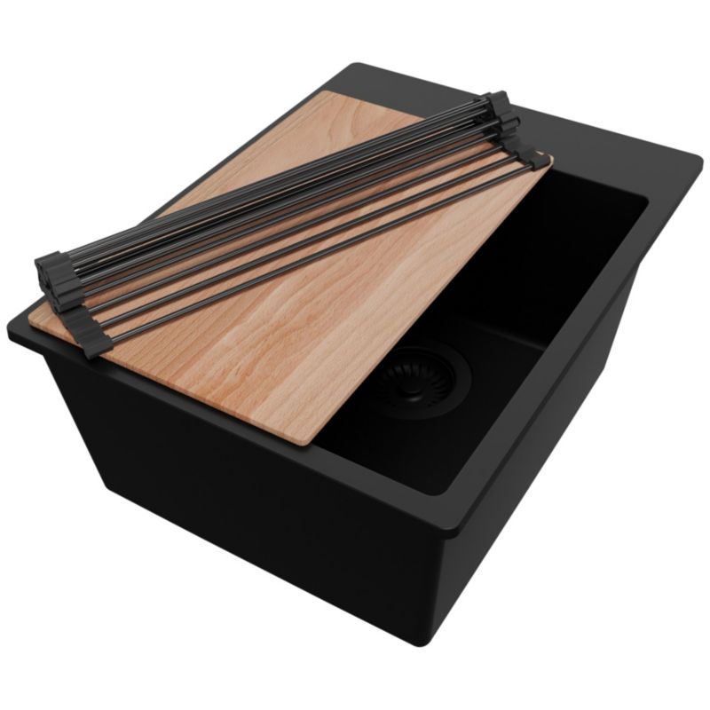 Zlewozmywak Ryga PRIMAGRAN Nablatowy 38x50cm do szafki od 40cm z Syfonem i Dodatkiem Cały Czarny 1 szt.