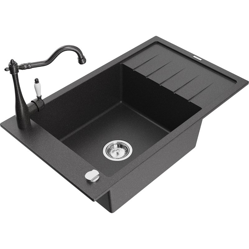 Zlewozmywak granitowy 1-komorowy Mexen Elias z ociekaczem i baterią kuchenną Carla czarny nakrapiany - 6511-76-670700-70-B 1 szt.
