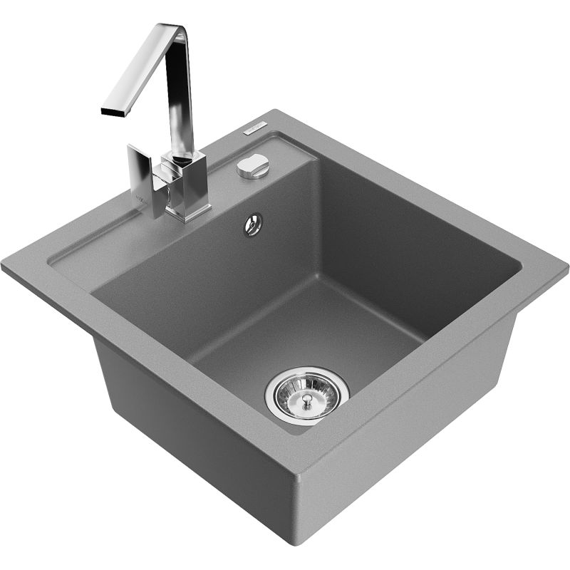 Zlewozmywak granitowy 1-komorowy Mexen Vito z baterią kuchenną Rita szary 6503-71-670300-00