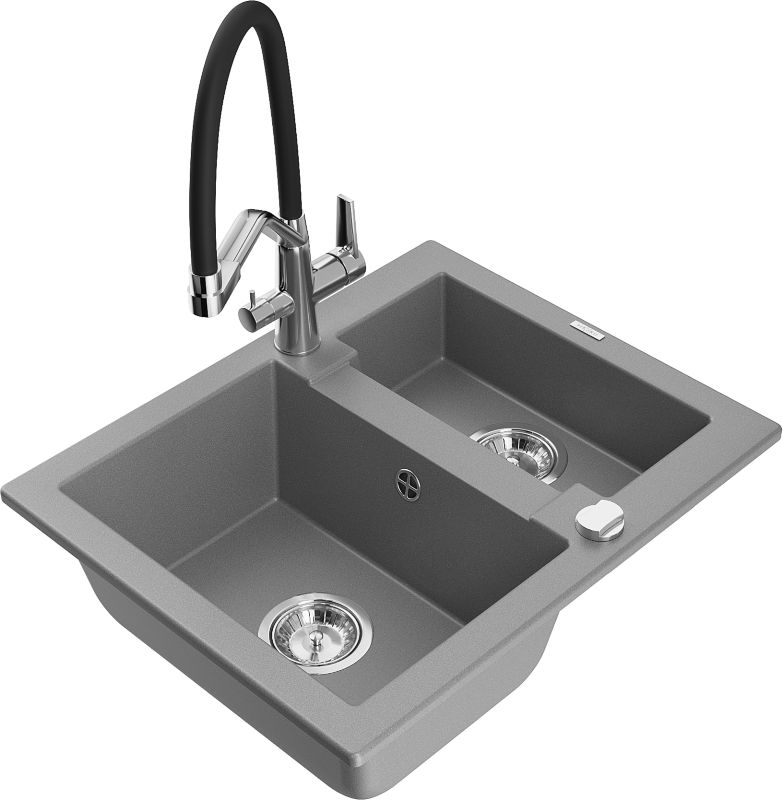 Zlewozmywak granitowy Mexen Carlos 1,5-komorowy z baterią kuchenną Duo szary 6518-71-671701-07
