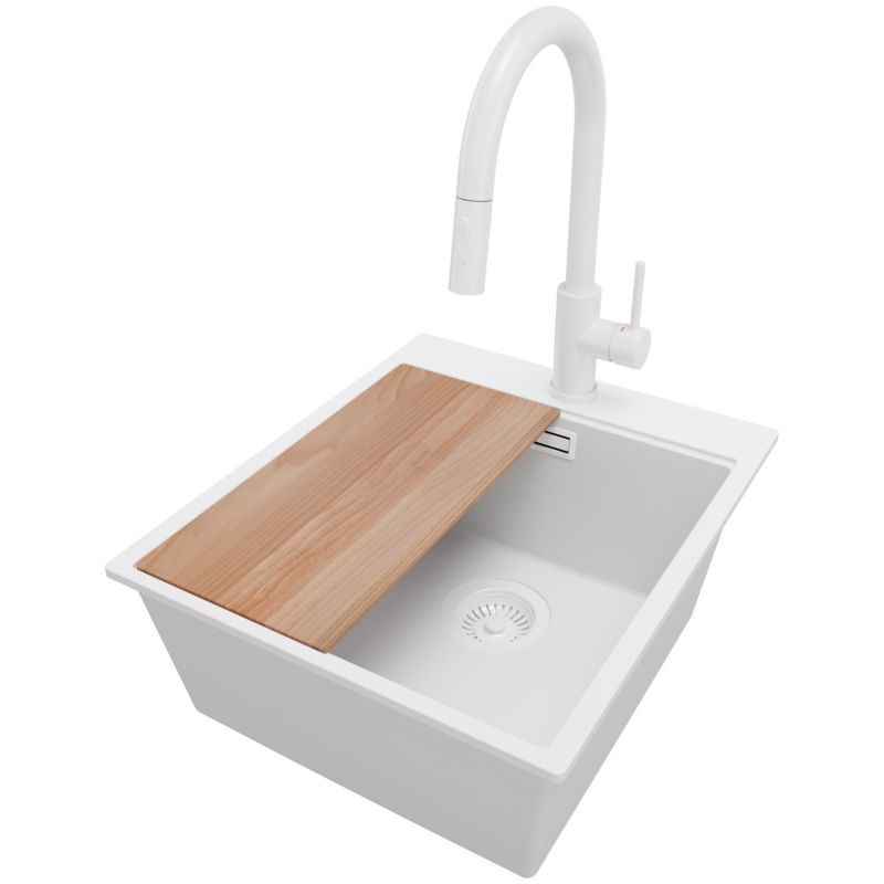 Zlewozmywak Granitowy Oslo PRIMAGRAN Nablatowy 43x50cm do szafki od 45cm, Cały Biały + Bateria + Syfon + Deska, S204, 1 szt.