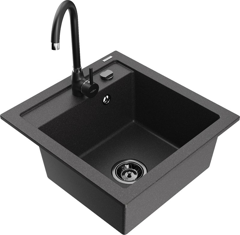 Zlewozmywak granitowy Mexen Vito 1-komorowy z baterią kuchenną Telma czarny 6503-76-670200-70-B