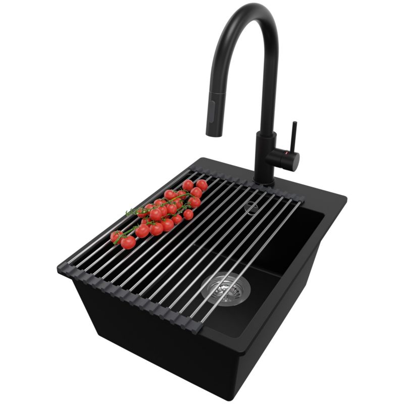 Zlewozmywak Granitowy Ryga PRIMAGRAN Nablatowy 38x50cm do szafki od 40cm z Syfonem i Baterią i Dodatkiem Czarny 1 szt.