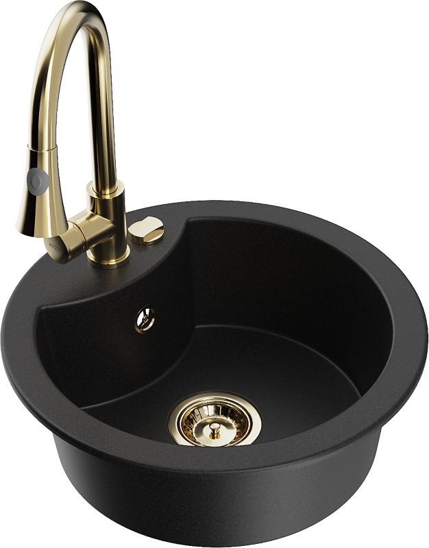 Zlewozmywak granitowy Mexen Diego 1-komorowy z baterią kuchenną Elia czarny 6512-77-670101-50