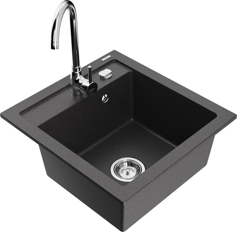 Zlewozmywak granitowy Mexen Vito 1-komorowy z baterią kuchenną Telma czarny 6503-76-670200-00