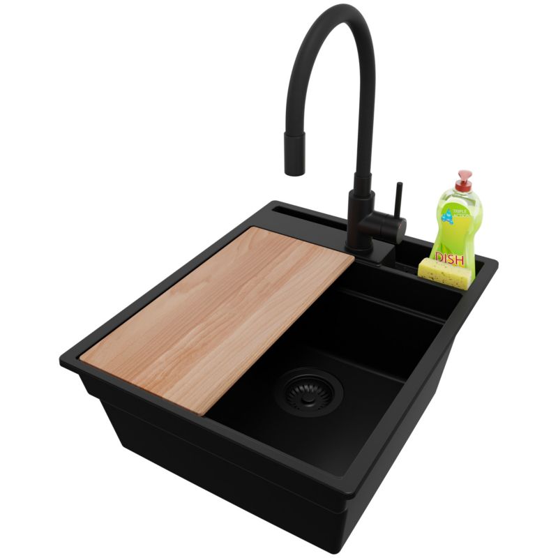 Zlewozmywak Granitowy Oslo Pocket PRIMAGRAN Nablatowy 43x53cm do szafki od 45cm z Syfonem i Baterią i Dodatkiem Cały Czarny 1 szt.