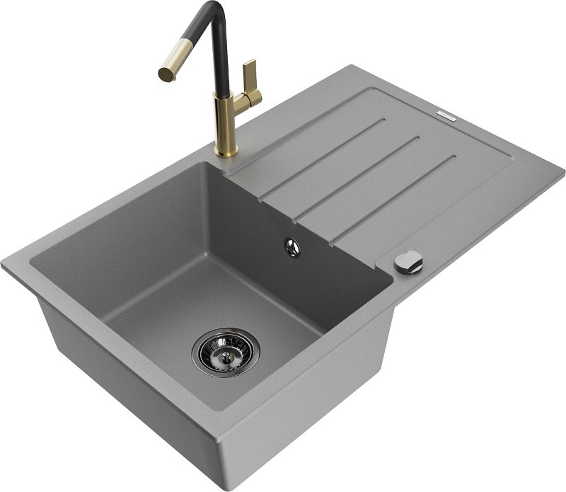 Zlewozmywak granitowy Mexen Bruno 1-komorowy z ociekaczem i baterią kuchenną Flora szary 6513-71-670401-57-B