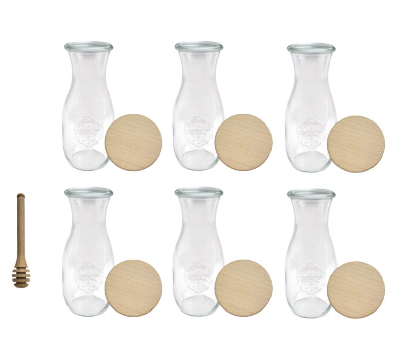 Karafki MODO24 Weck 1062 ml fi 60 drewniane wieka nabierak 6 kpl.