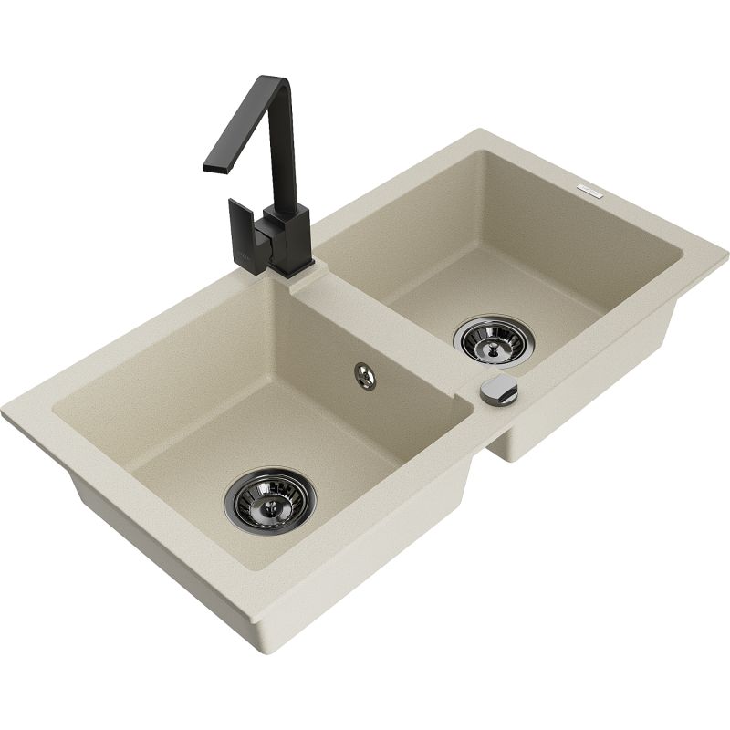Zlewozmywak granitowy 2-komorowy Mexen Mario z baterią kuchenną Rita beżowy - 6504-69-670300-50 1 szt.