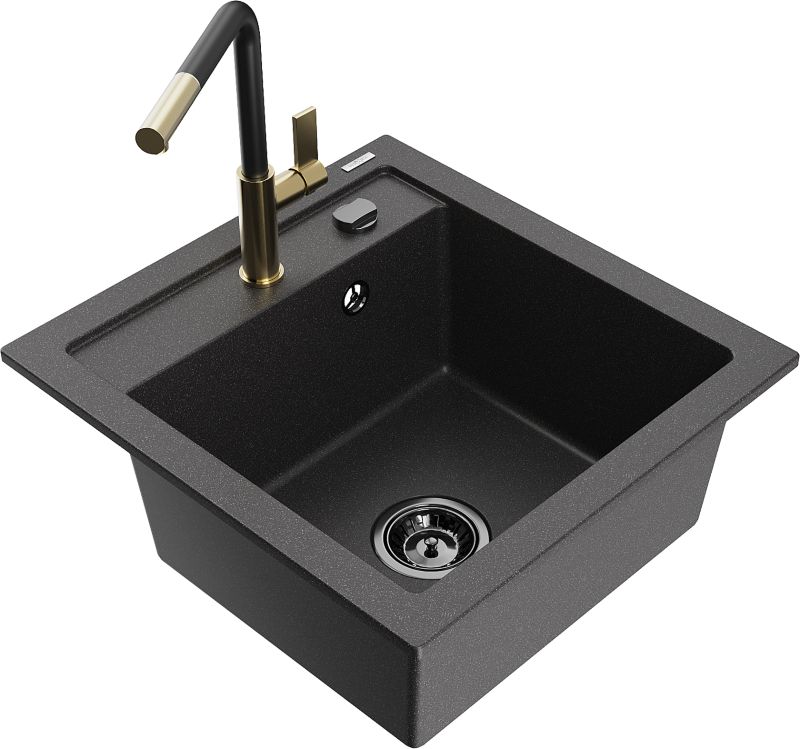 Zlewozmywak granitowy Mexen Vito 1-komorowy z baterią kuchenną Flora czarny 6503-76-670401-57-B