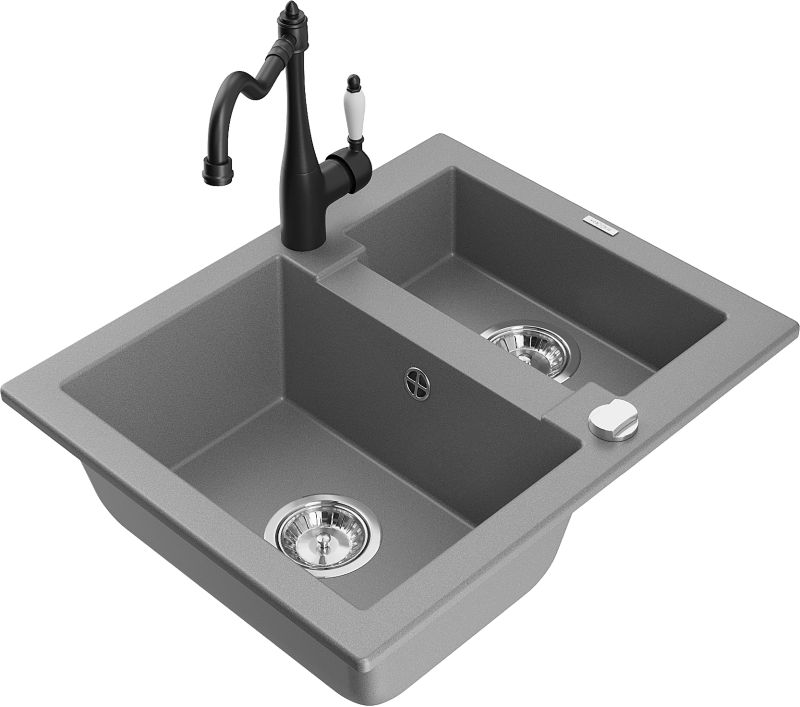 Zlewozmywak granitowy Mexen Carlos 1,5-komorowy z baterią kuchenną Carla szary 6518-71-670700-70