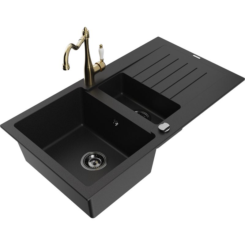 Zlewozmywak granitowy 1.5-komorowy Mexen Matias z ociekaczem i baterią kuchenną Carla czarny - 6502-77-670700-00 1 szt.