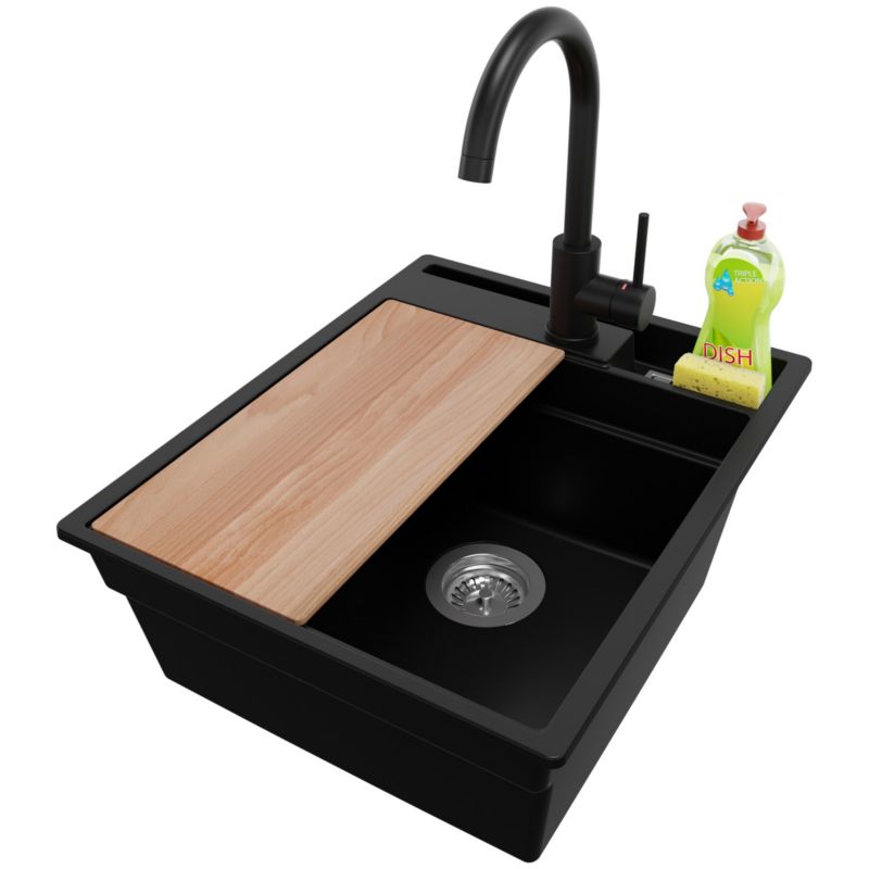 Zlewozmywak Granitowy Oslo Pocket PRIMAGRAN Nablatowy 43x53cm do szafki od 45cm z Syfonem i Baterią i Dodatkiem Czarny 1 szt.