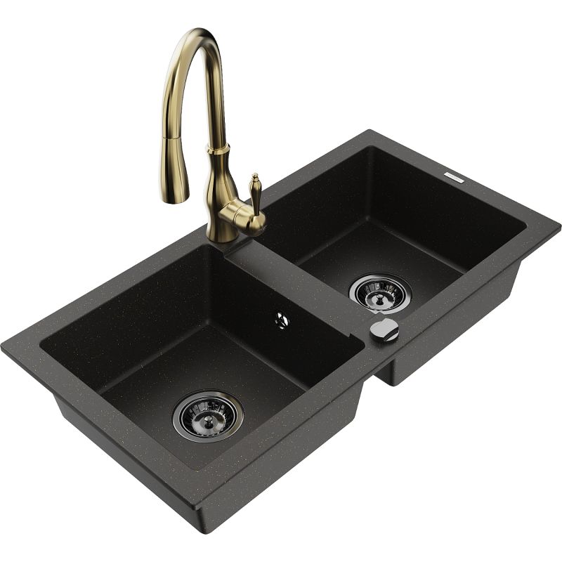 Zlewozmywak granitowy 2-komorowy Mexen Mario z baterią kuchenną Savita czarny/złoty metalik 6504-75-672601-50-B