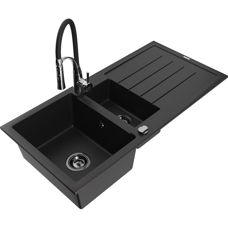 Zlewozmywak granitowy 1.5-komorowy Mexen Andres z ociekaczem i baterią kuchenną Aster czarny - 6515-77-73450-57-B 1 szt.