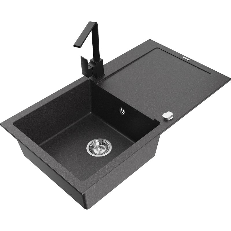 Zlewozmywak granitowy 1-komorowy Mexen Leo z ociekaczem i baterią kuchenną Rita czarny nakrapiany - 6501-76-670300-76 1 szt.