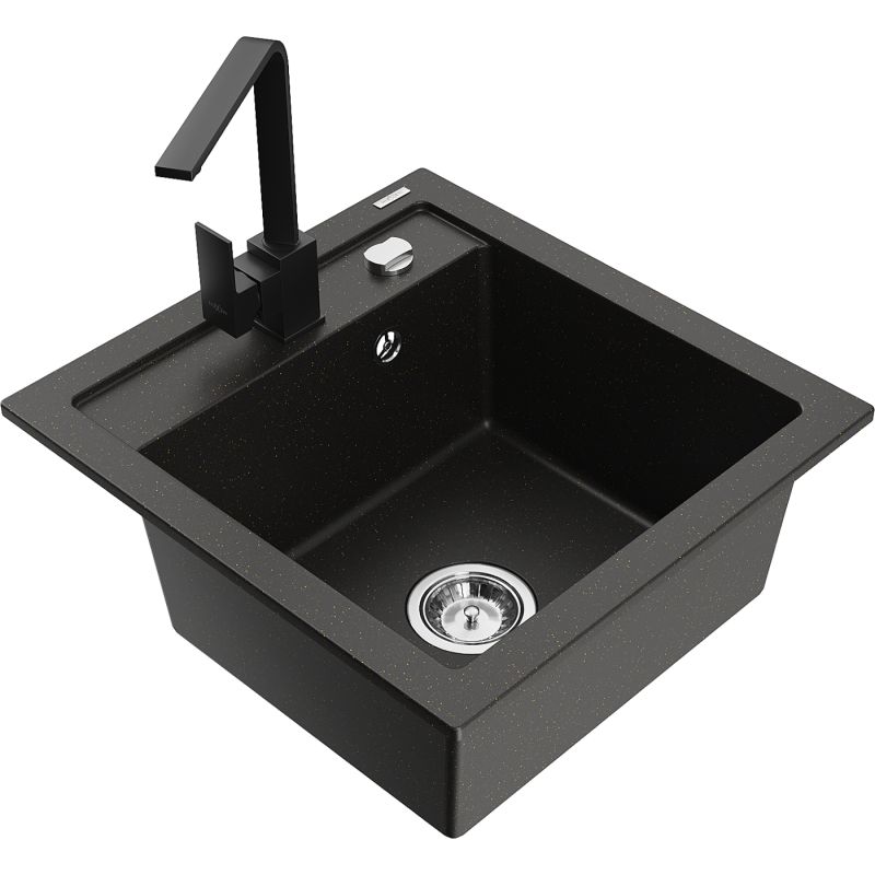 Zlewozmywak granitowy 1-komorowy Mexen Vito z baterią kuchenną Rita czarny/złoty metalik - 6503-75-670300-50-B 1 szt.