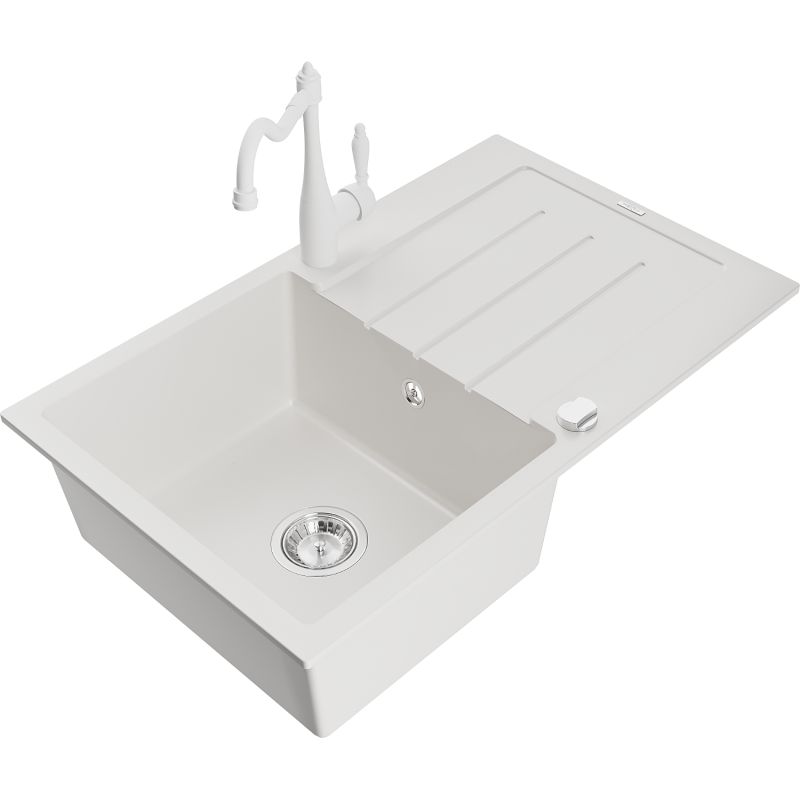 Zlewozmywak granitowy 1-komorowy Mexen Bruno z ociekaczem i baterią kuchenną Carla biały 6513-20-670700-20