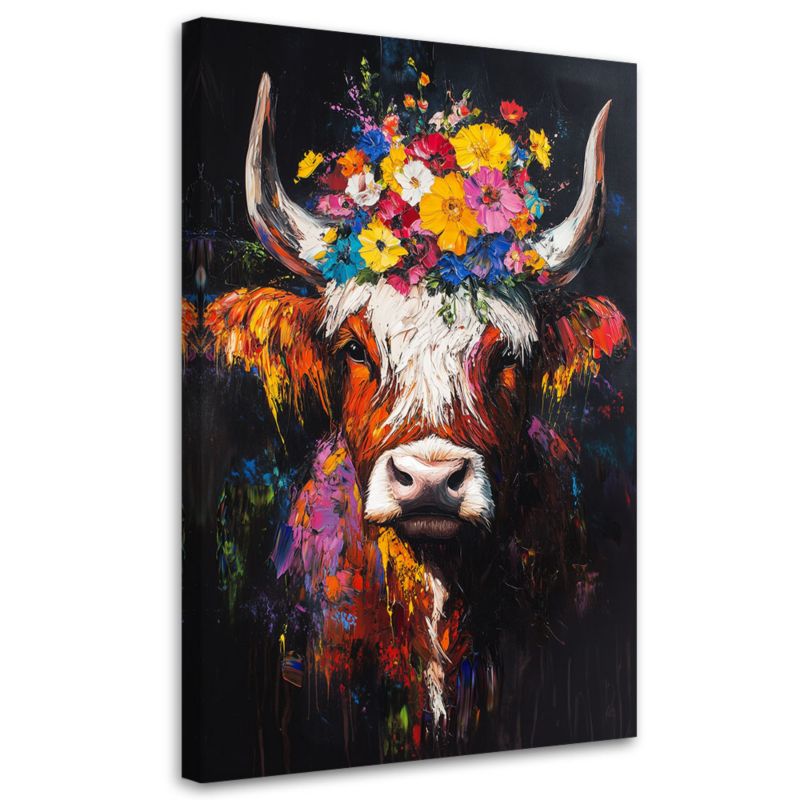 Obraz na płótnie Feeby Szkocka Krowa z Kwiatami na głowie 70x100cm 1szt