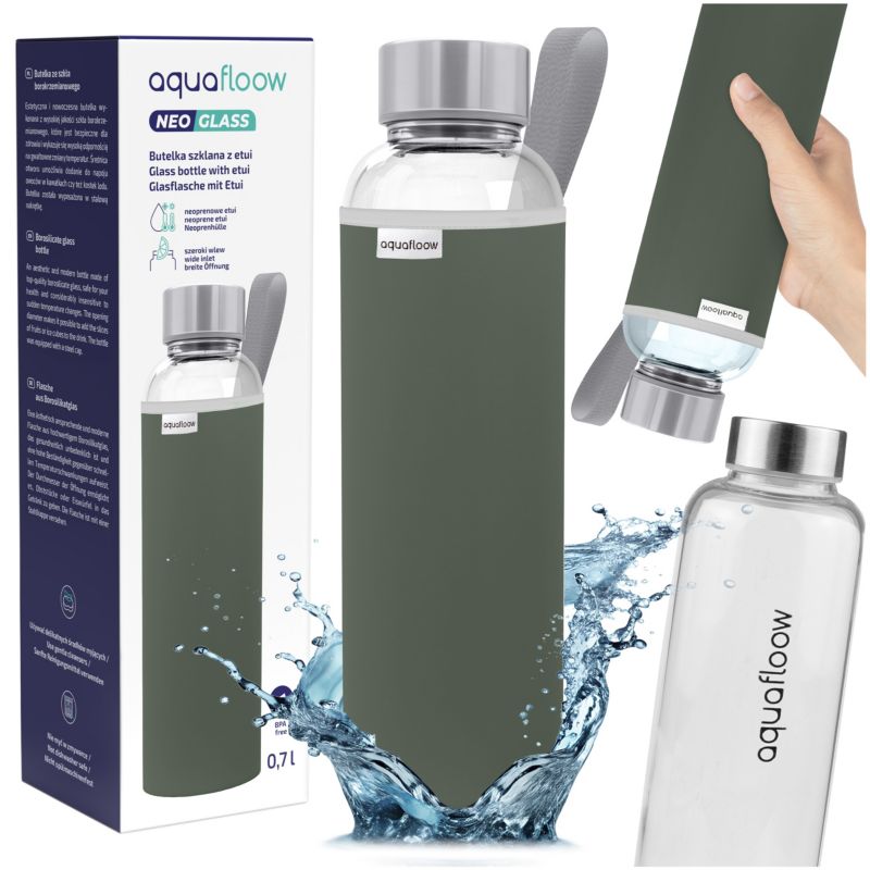 Butelka na wodę, AquaFloow, szklana, z neoprenowym etui, 700ml, bez BPA, szkło borokrzemowe, szczelna, zielony, 1szt