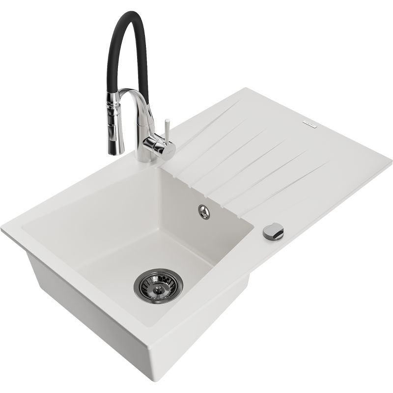 Zlewozmywak granitowy 1-komorowy Mexen Cesar z ociekaczem i baterią kuchenną Aster biały 6514-20-73450-07-B