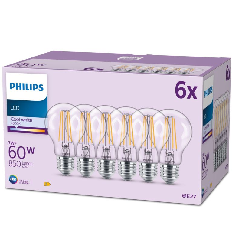 Żarówka LED Philips E27 A60 7W 850lm 4000K 300st Filament 6 szt.
