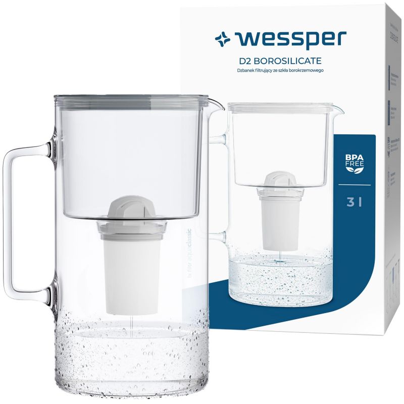 Dzbanek filtrujący do wody 3l, Wessper, szklany, szary + 1x filtr wody Wessper AquaClassic, 2szt