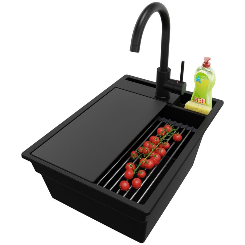 Zlewozmywak Granitowy Oslo Pocket PRIMAGRAN Nablatowy 38x53cm do szafki od 40cm z Syfonem i Baterią i Dodatkiem Cały Czarny 1 szt.