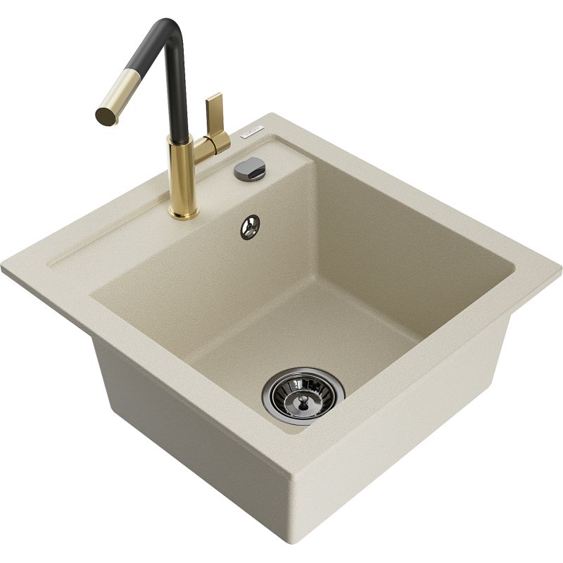 Zlewozmywak granitowy 1-komorowy Mexen Vito z baterią kuchenną Flora beżowy 6503-69-670401-57-B