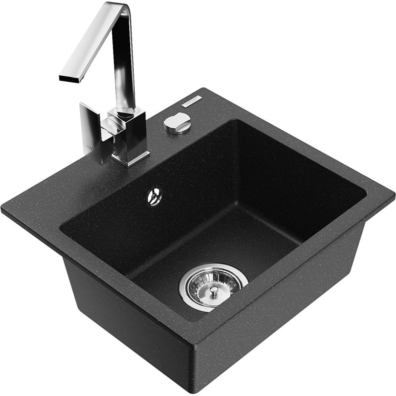 Zlewozmywak granitowy 1-komorowy Mexen Milo z baterią kuchenną Rita czarny/srebrny metalik 6505-73-670300-00