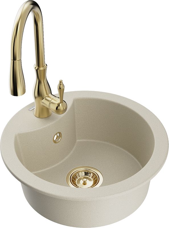 Zlewozmywak granitowy Mexen Diego 1-komorowy z baterią kuchenną Savita beżowy 6512-69-672601-50