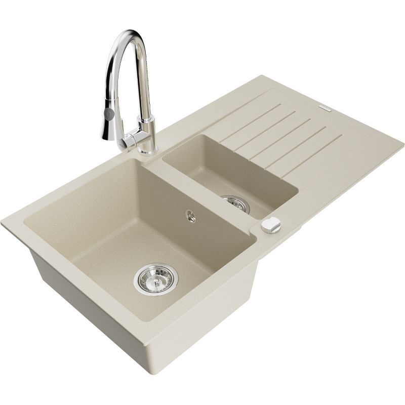 Zlewozmywak granitowy 1.5-komorowy Mexen Matias z ociekaczem i baterią kuchenną Elia czarny - 6502-77-670101-70 1 szt.