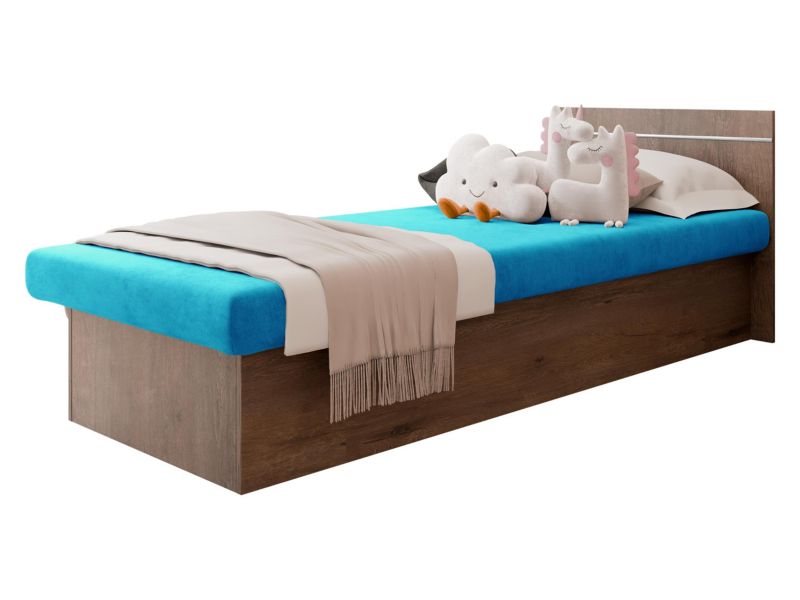 Łóżko jednoosobowe MIRJAN 24 Berta Bis 190x80 bez pojemnika jesion ciemny + niebieski plusz 1 szt.