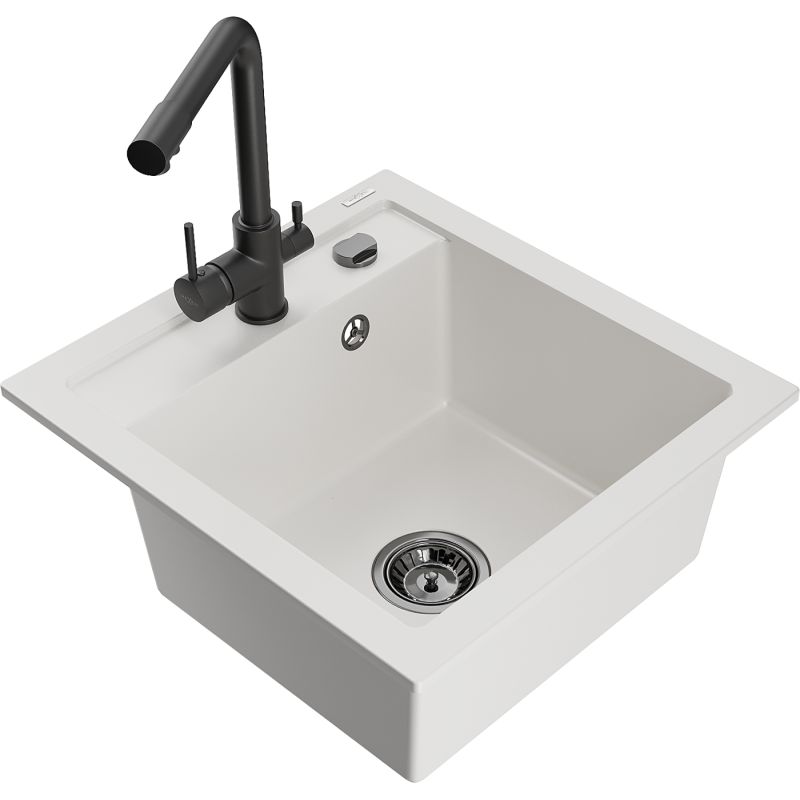 Zlewozmywak granitowy 1-komorowy Mexen Vito z baterią kuchenną Duero czarny - 6503-77-671600-70 1 szt.