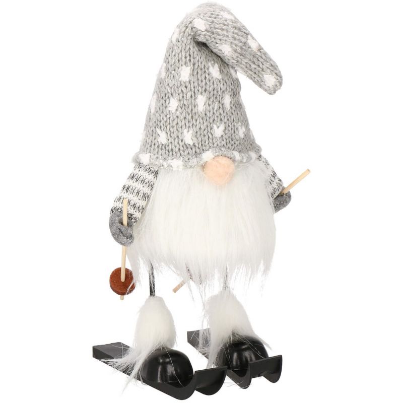 Skrzat na nartach Springos ozdoba świąteczna 34 cm ruchomy krasnal świąteczny, gnom szary 1 szt.