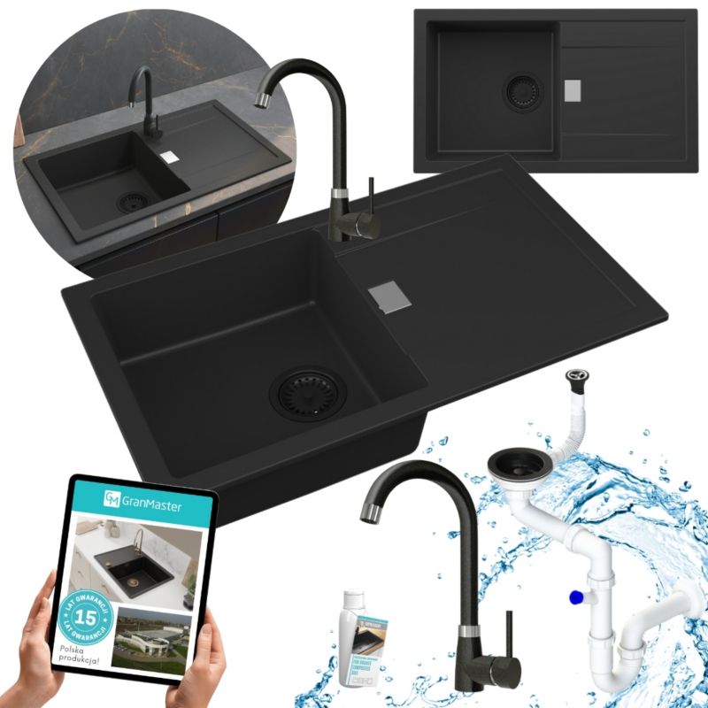 Zestaw zlewozmywak granitowy GranMaster, Amaretto 76x44x16,4cm czarny metalik z baterią, syfonem oraz impregnatem 1szt.