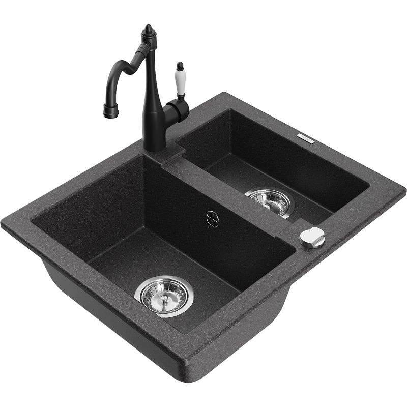 Zlewozmywak granitowy 1.5-komorowy Mexen Carlos z baterią kuchenną Carla czarny nakrapiany 6518-76-670700-70