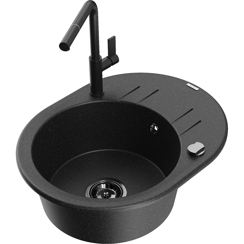 Zlewozmywak granitowy 1-komorowy Mexen Kevin z ociekaczem i baterią Flora czarny/srebrny metalik - 6517-73-670401-57-G 1 szt.