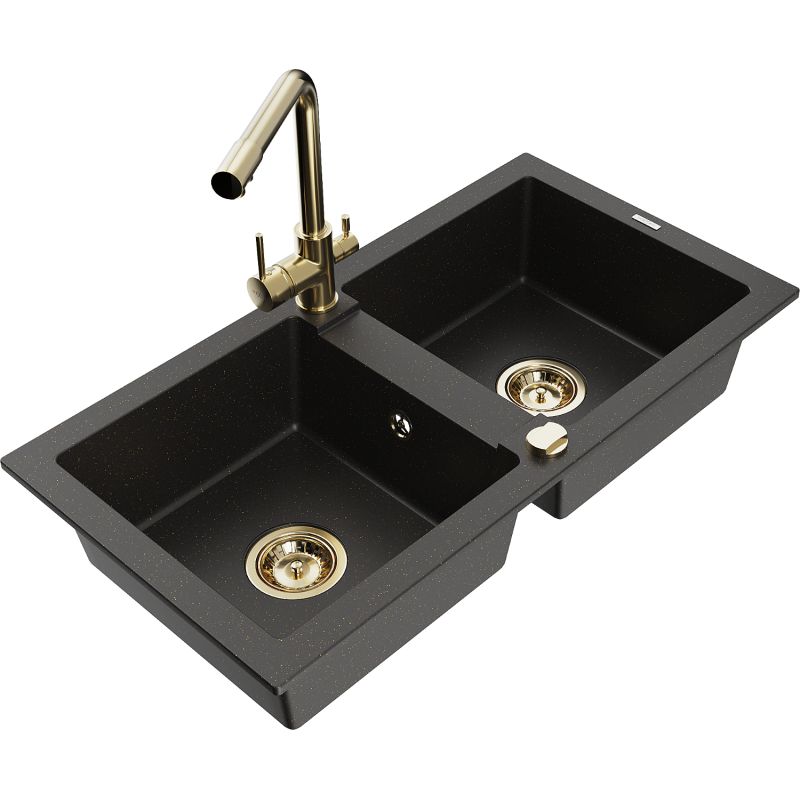 Zlewozmywak granitowy 2-komorowy Mexen Mario z baterią kuchenną Duero czarny/złoty metalik 6504-75-671600-50