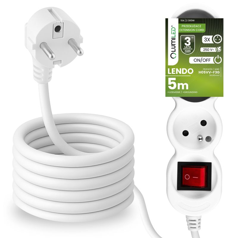 Przedłużacz Sieciowy Lumiled Kabel z Uziemieniem Listwa Zasilająca 3 Gniazda 5m z Włącznikiem Biały Sznur 1 szt.