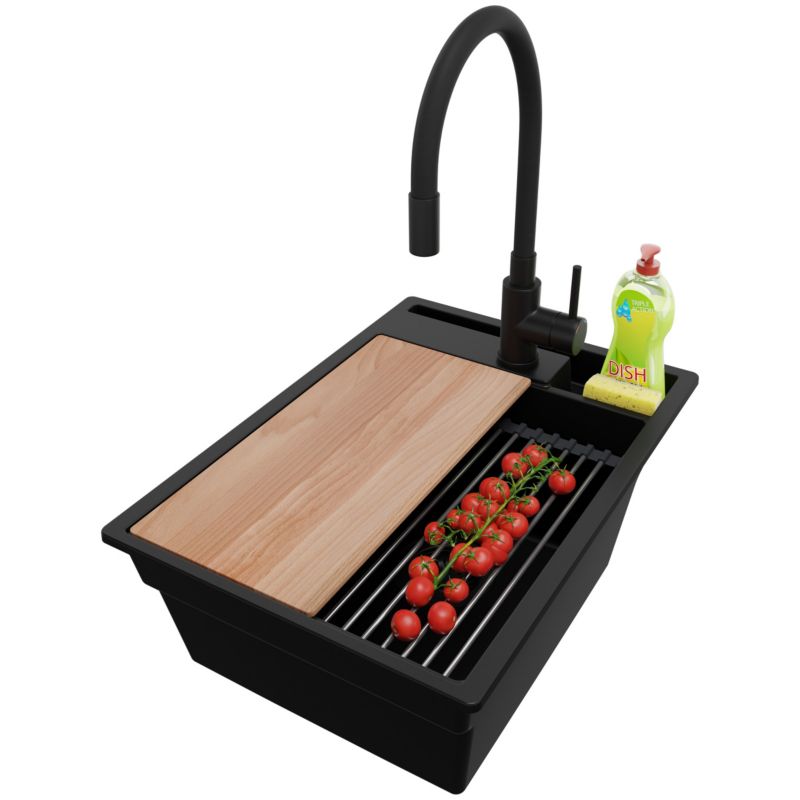 Zlewozmywak Granitowy Oslo Pocket PRIMAGRAN Nablatowy 38x53cm do szafki od 40cm z Syfonem i Baterią i Dodatkiem Cały Czarny 1 szt.