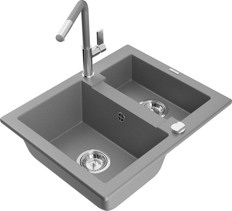 Zlewozmywak granitowy Mexen Carlos 1,5-komorowy z baterią kuchenną Flora szary 6518-71-670401-06