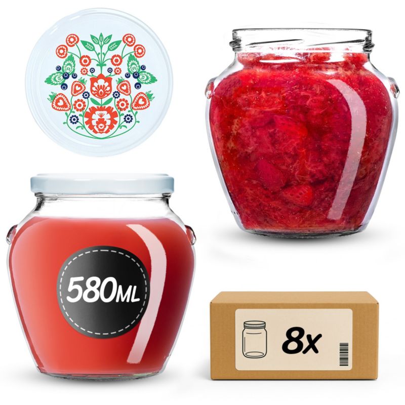 Słoiki na przetwory KADAX 580ml + wieczka "Folklor" 82mm 8szt.