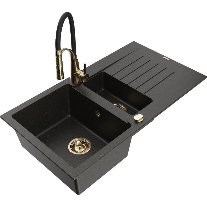 Zlewozmywak granitowy 1.5-komorowy Mexen Matias z ociekaczem i baterią kuchenną Aster czarny/złoty metalik 6502-75-73450-57-G