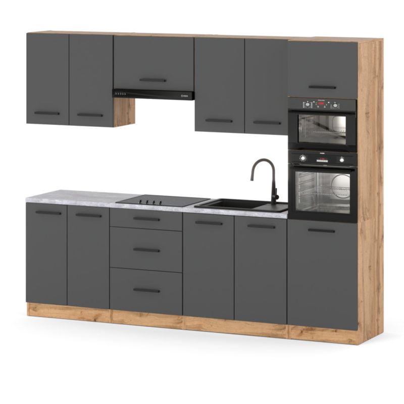Zestaw Kuchenny Hurtownia-Mebli Z Blatem Kuchnia Marra 260cm Dąb Wotan Szary Mat 260x47x217 cm 1szt.