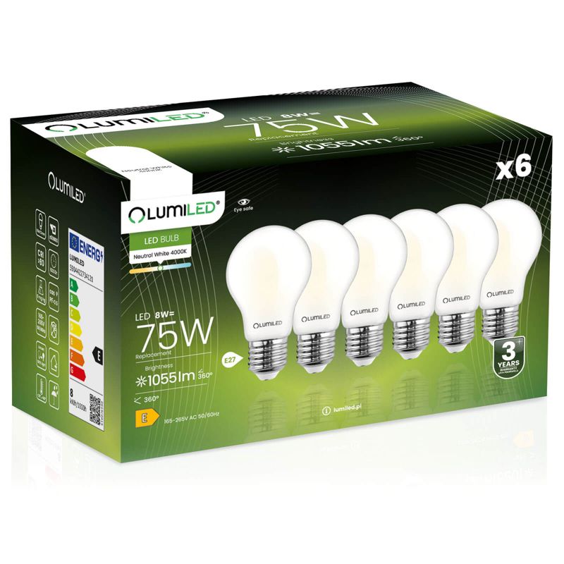 Żarówka LED LUMILED E27 A60 8W 1055lm 4000K 360st FILAMENT 6 szt.