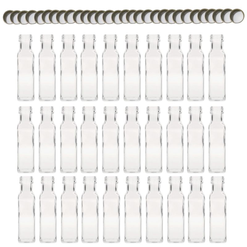 Butelki szklane MODO24 100 ml maraska kwadratowa na soki i oliwę fi 31 z nakrętkami 30 szt.